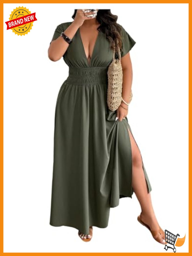 Deep V Neck Maxi Dress Short Sleeve Split Hem Flowy Summer Dress Plus Size